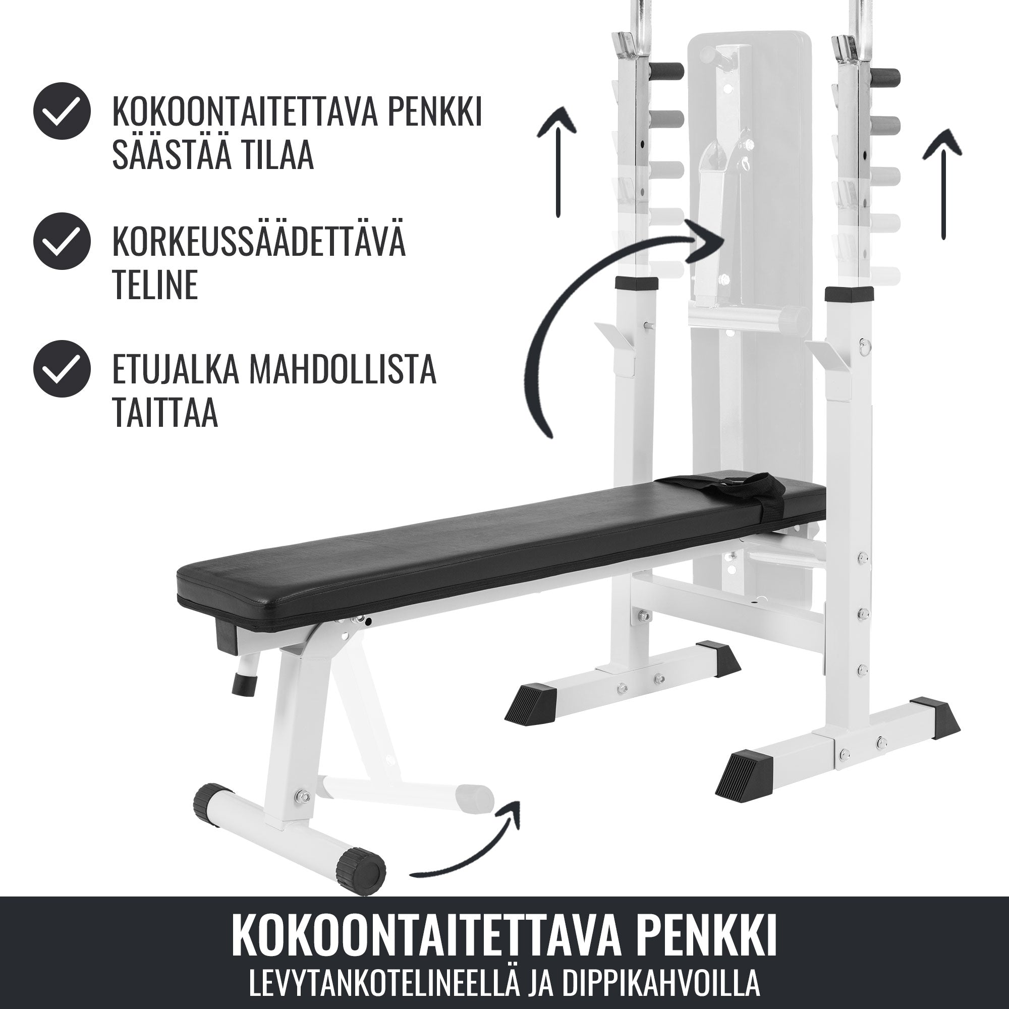 Säädettävä punnerruspenkki dippikahvoilla, valkoinen