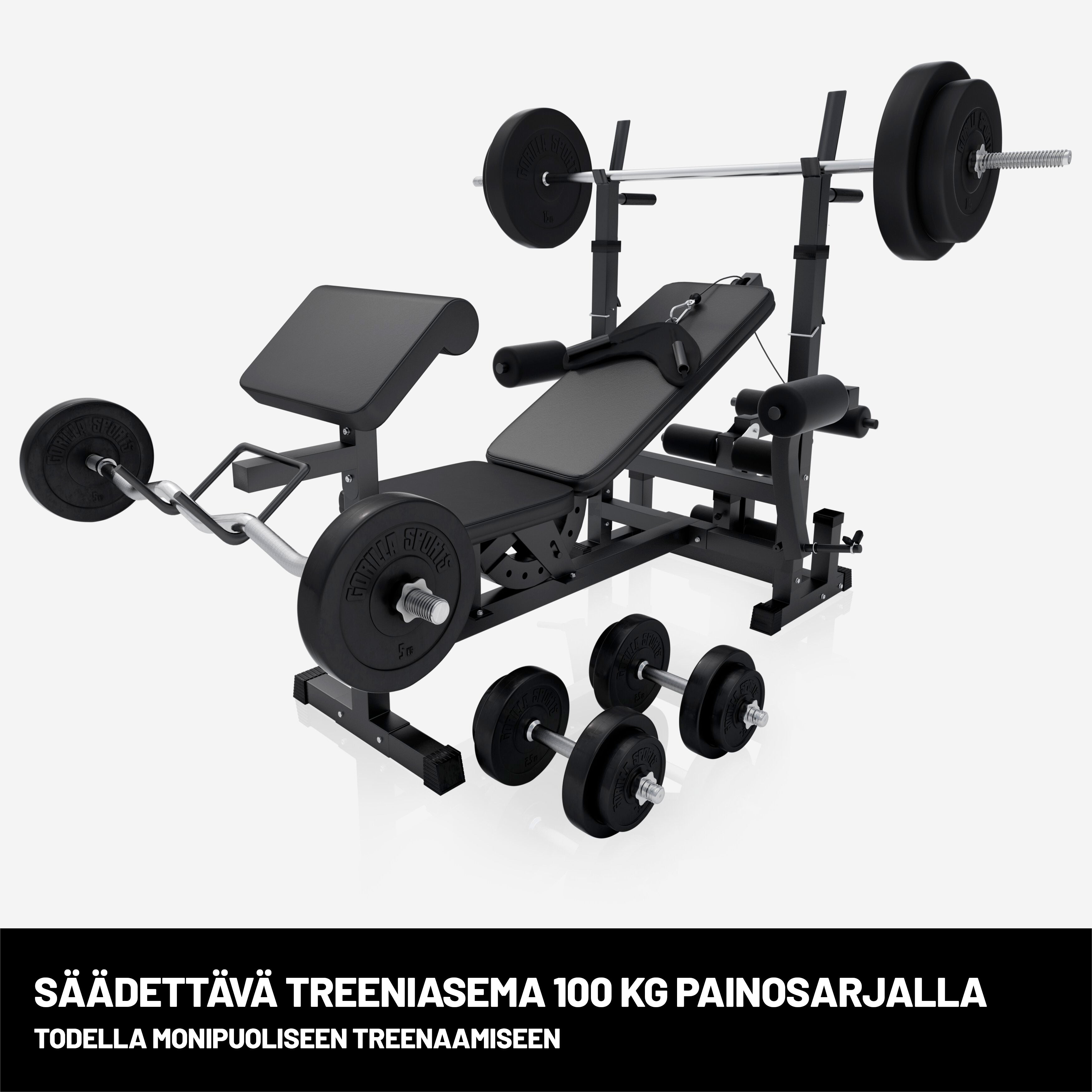 Säädettävä painonnostopenkki + 100 kg levytankosarja, Black Edition